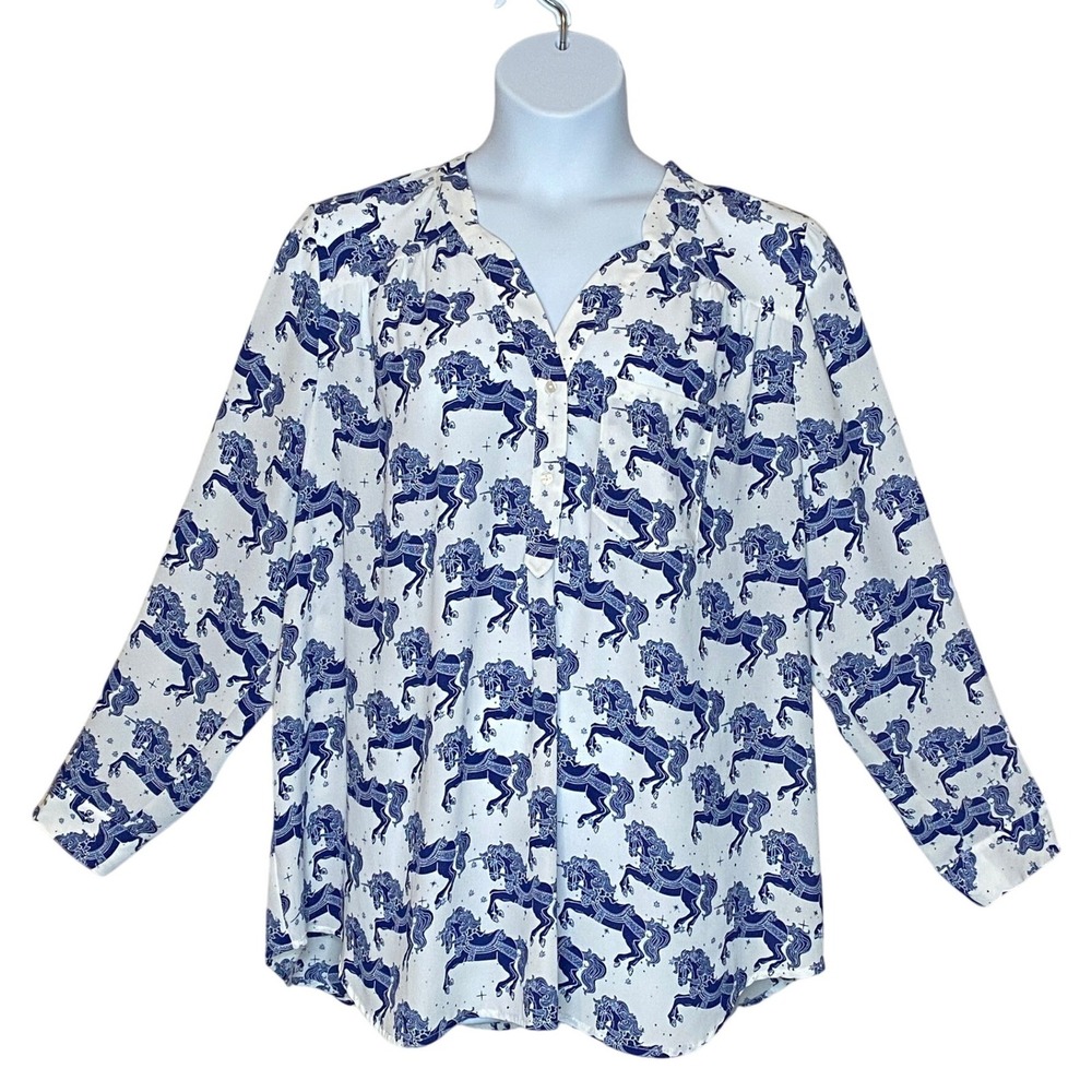 ModCloth Womens Carousel Horse Print Tunic Top 3X Blue Roll Tab Sleeve Whimsical